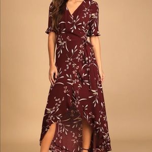 Lulus Wild Winds Burgundy Floral Hi Low Wrap Dress